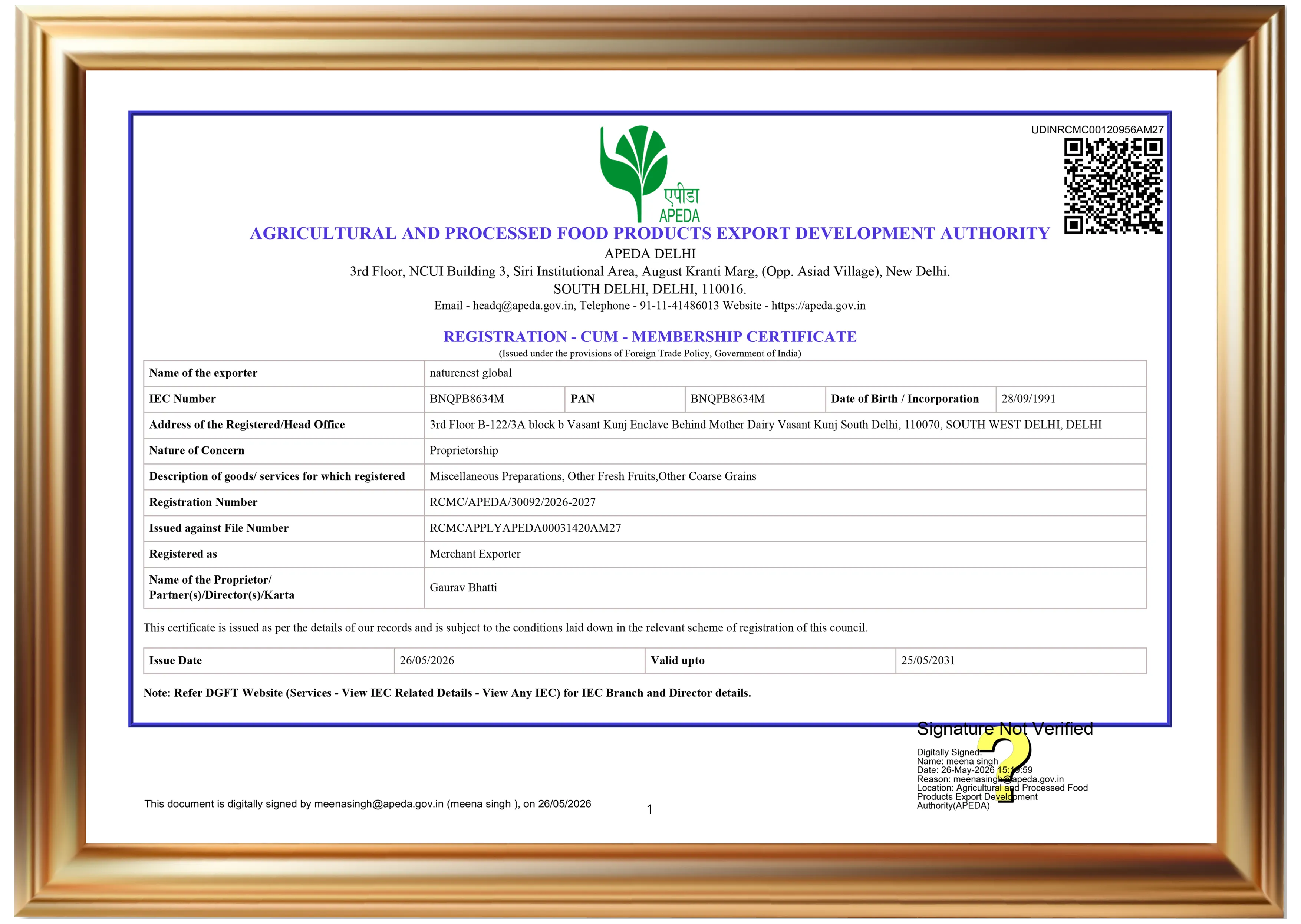 APEDA Certificate